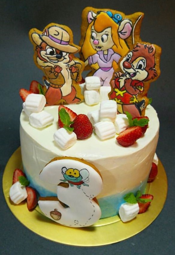 Chip n Dale and Gadget 3rd birthday cake decorated with cookies of the characters