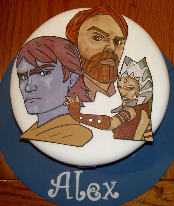 Star Wars Cake featuring drawings of Anakin, Obi Wan, and Ahsoka