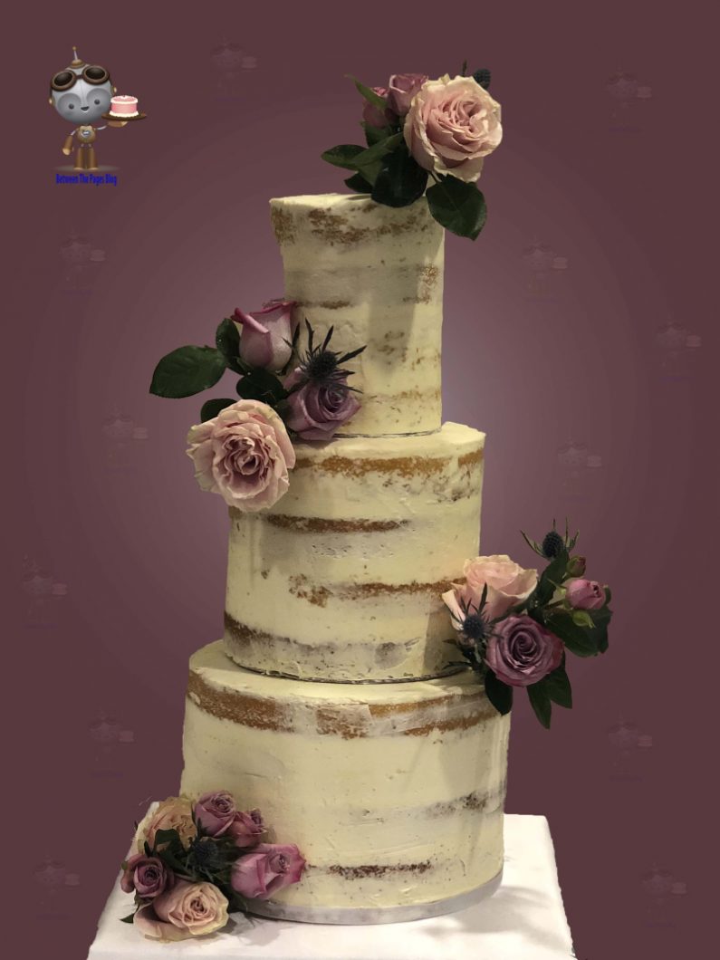 Semi-naked Wedding Cake w Flower Corsages