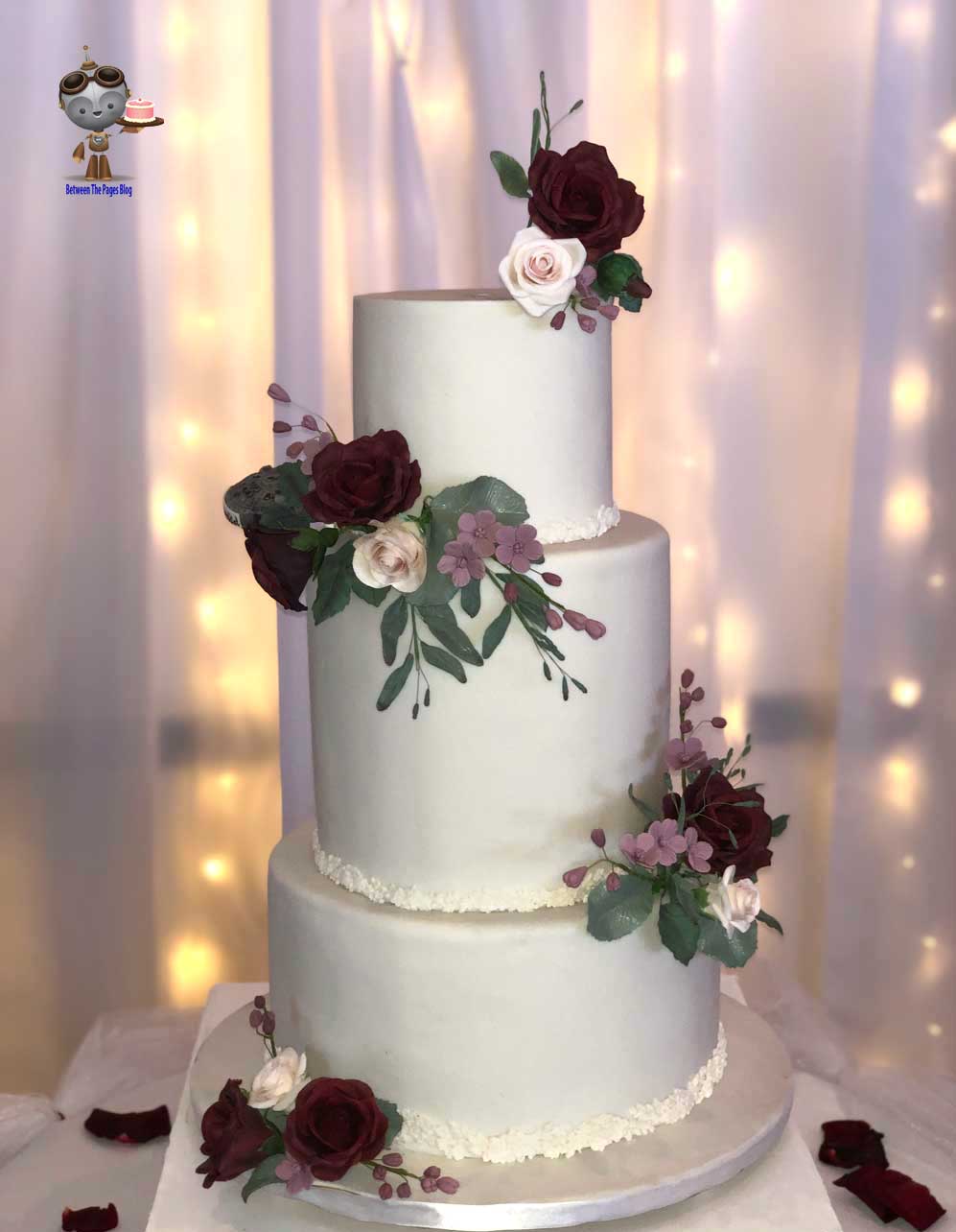 Wedding Cake w burgundy Sugar Flowers