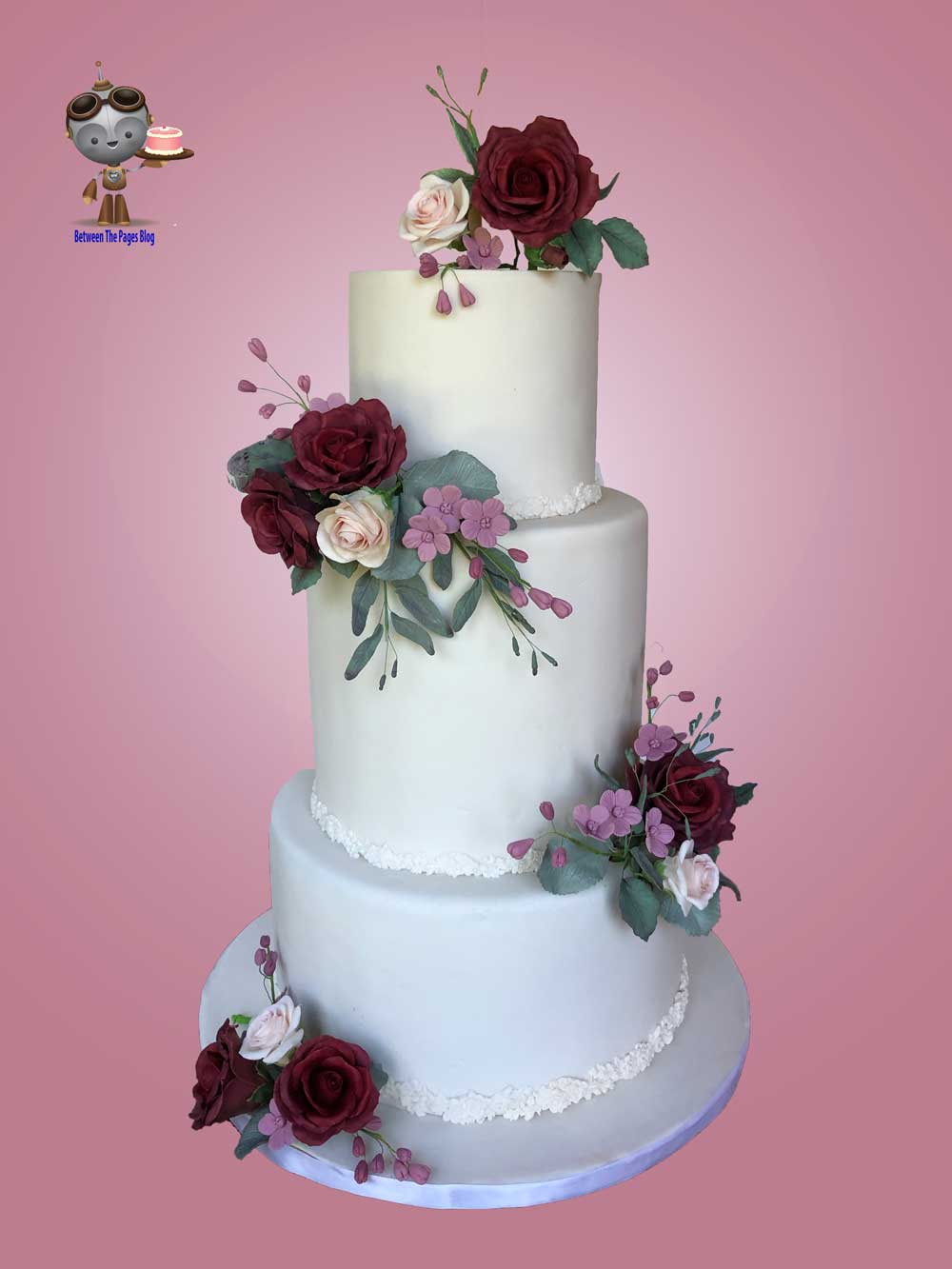 Wedding Cake w Burgundy Sugar Roses