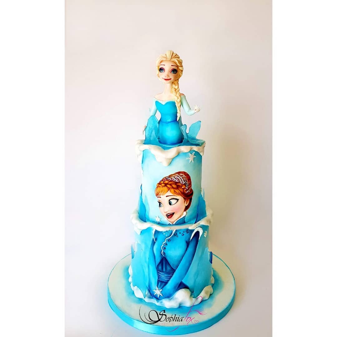 Blue Hand-painted Anna & Elsa Cake