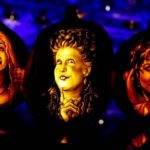 3 separate pumpkin carvings of the 3 Sanderson sisters from Hocus Pocus