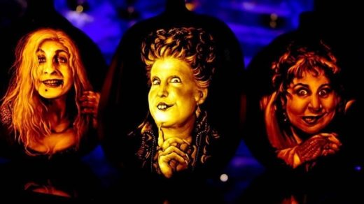 3 separate pumpkin carvings of the 3 Sanderson sisters from Hocus Pocus