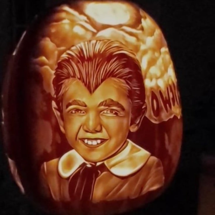 A pumpkin carving of Eddie Munster