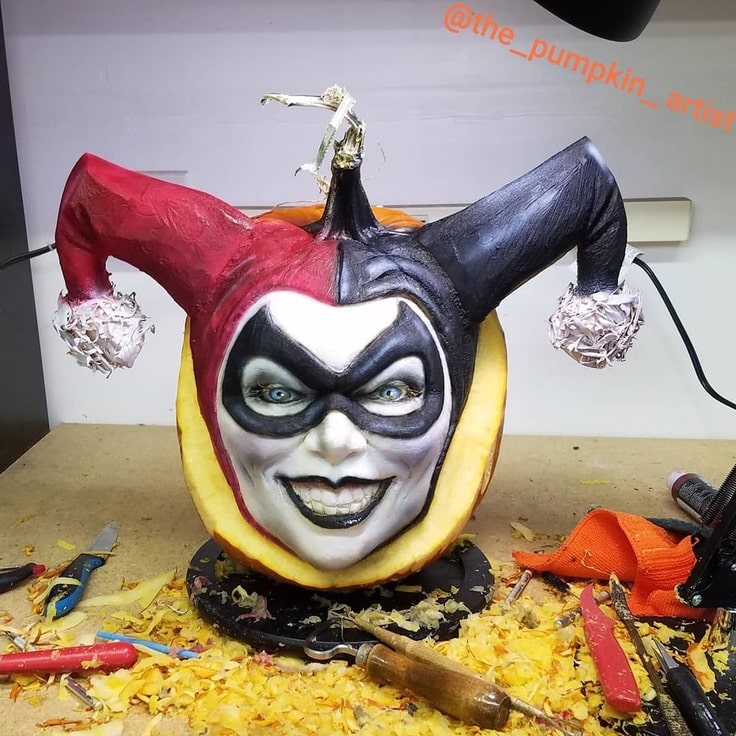 Harley Quinn Pumpkin Carving painted red and black