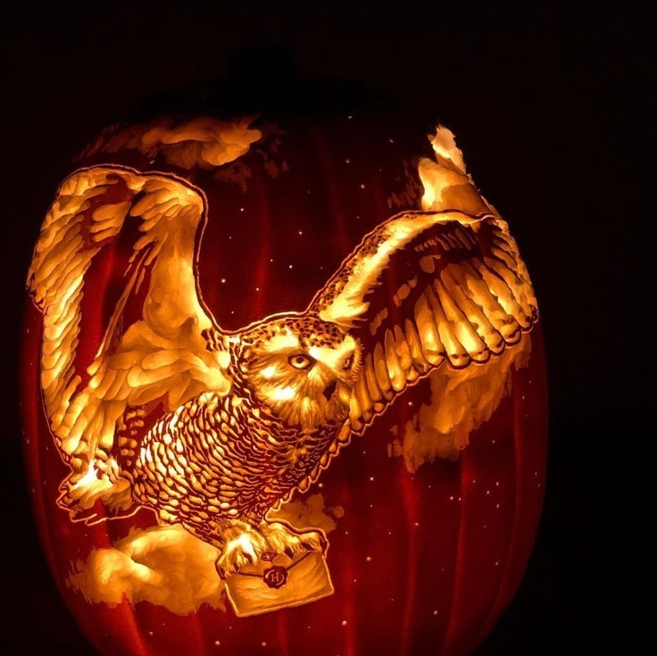 Pumpkin carving of Hedwig flying through the air while carrying Harry's letter from Hogwarts