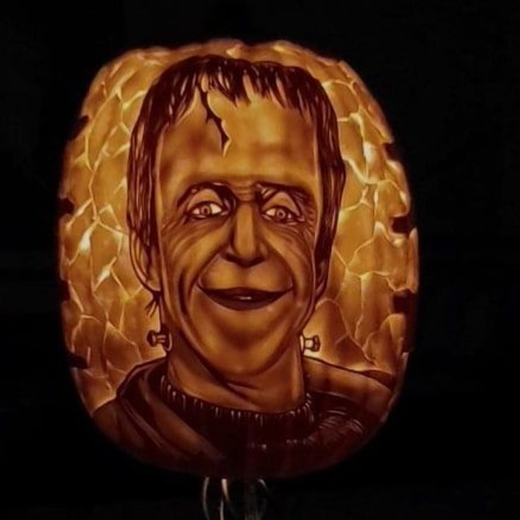 A pumpkin carving of the classic Fred Gwynne version of Herman Munster