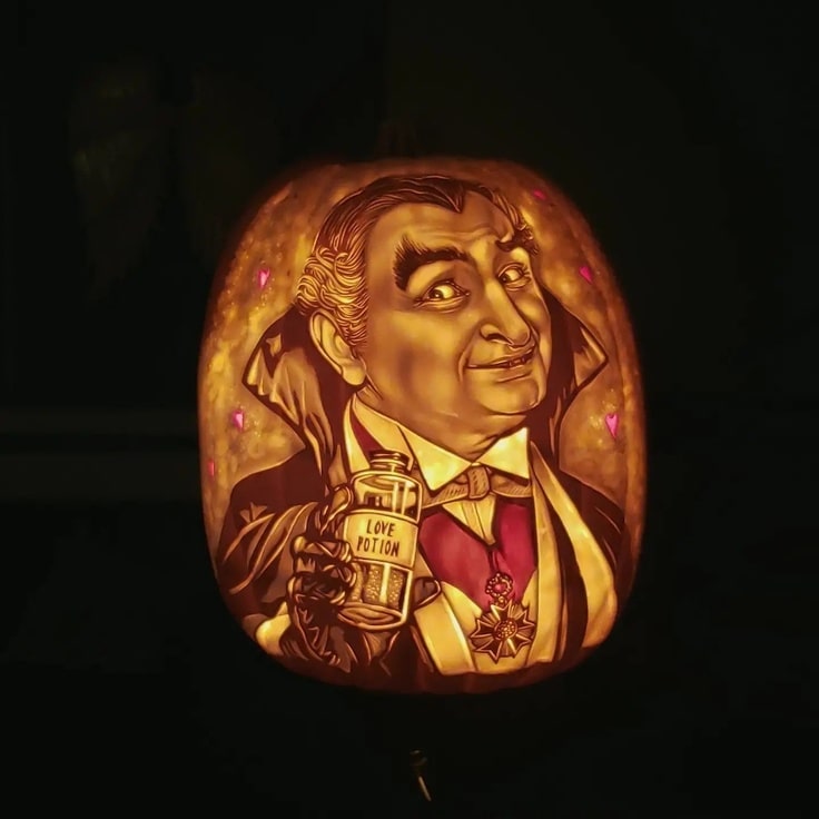 A lit pumpkin carving of Grandpa Munster holding a love potion 