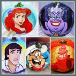 Painted pumpkins of Ariel, Ursula, Eric, Chef Louis & Sebastian