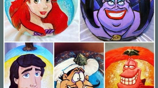 Painted pumpkins of Ariel, Ursula, Eric, Chef Louis & Sebastian