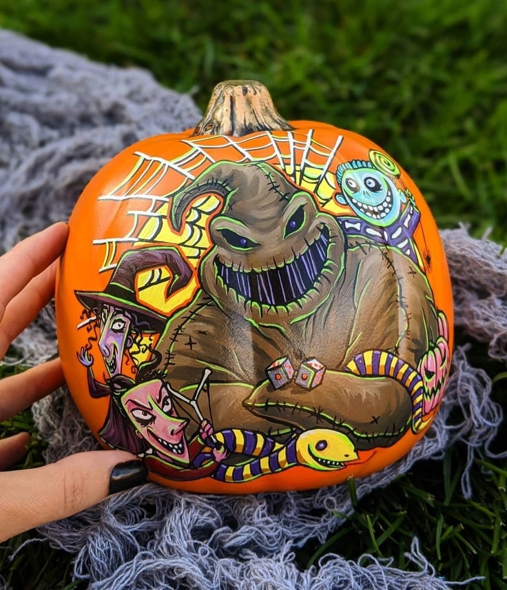Painted pumpkin of Oogie Boogie from The Nightmare Before Christmas