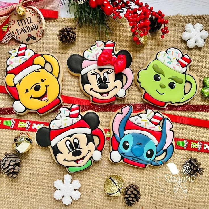 These adorable cookies look like Christmas Mugs Cookies of Winnie the Pooh, Mickey & Minnie Mouse, Stitch & the Grinch.