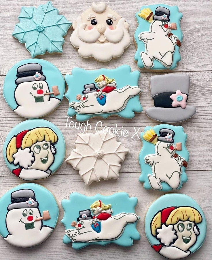 These cute cookies feature Frosty the Snowman and the little girl Karen playing together in the snow.