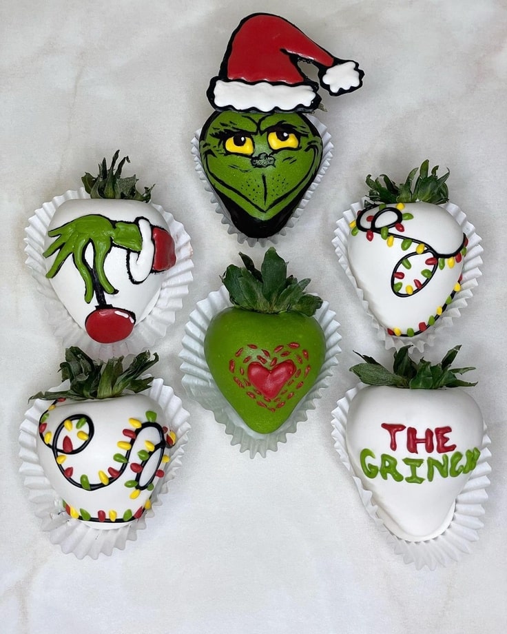 These six chocolate covered strawberries feature different items from How The Grinch Stole Christmas