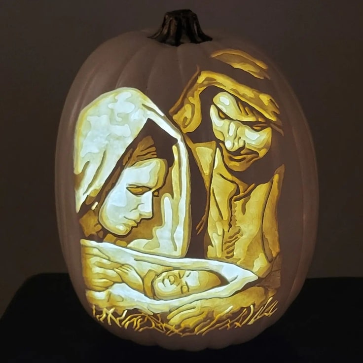 This gorgeous Nativity Pumpkin Carving feature Mary, Joseph & the baby Jesus.