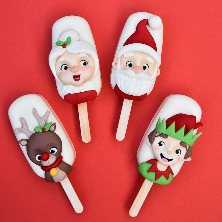 This cute cakesicles include Santa, Mrs. Claus, Rudolph and an elf.
