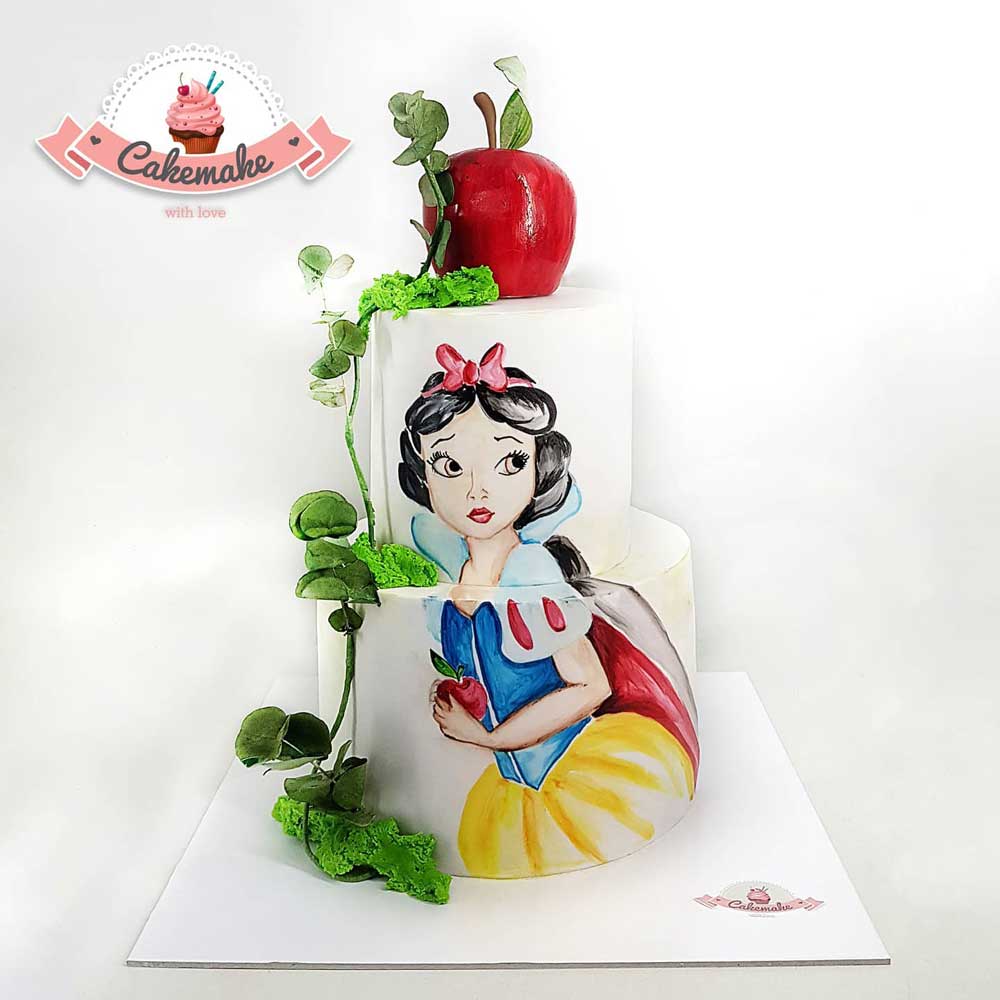 Hand-painted Snow White Cake w Red Apple