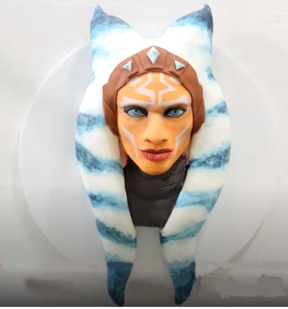 2-D-Ahsoka-Cake made using a rectangular pan and skull cake pan. This figure is lying down.