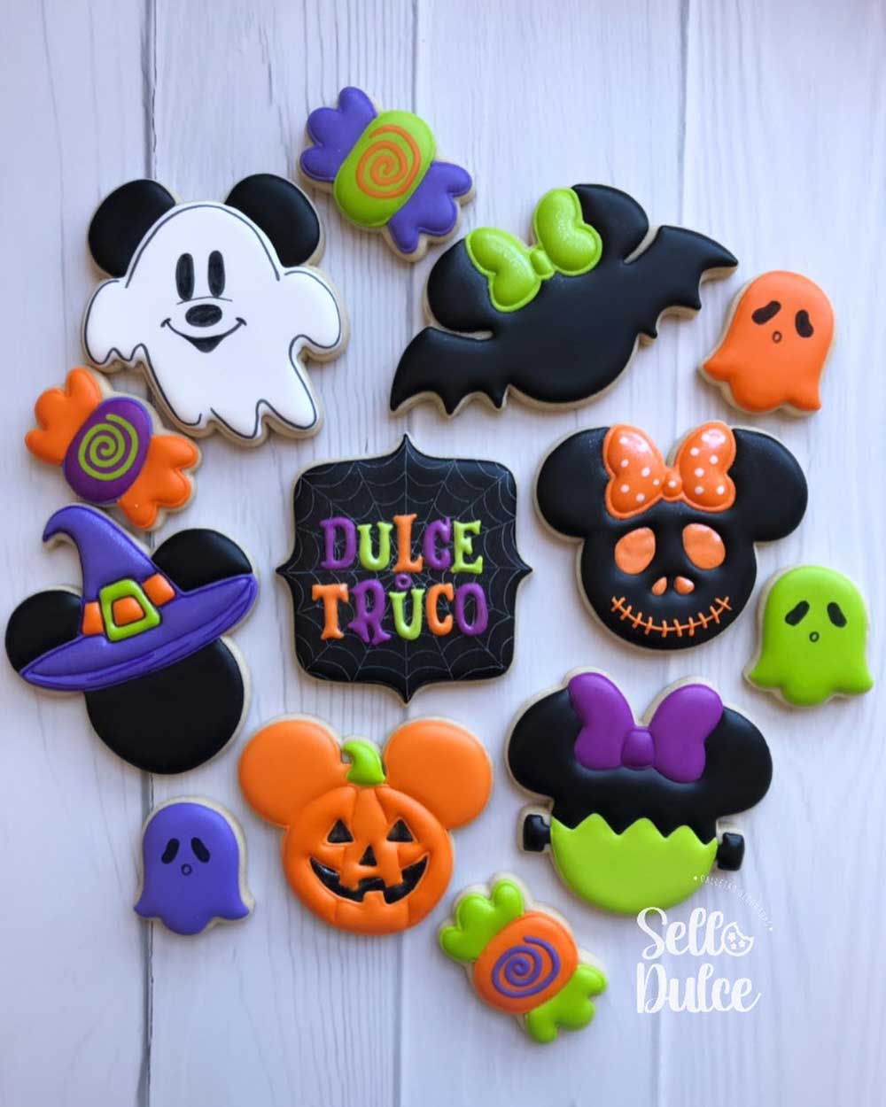 Purple & Green Halloween Mickey & Minnie Cookies