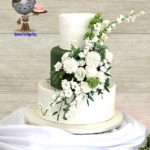 Green & White Wedding Cake with  Sugar Flowers Bouquet
