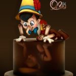 This cake has a topper of Pinocchio on his hands and knees looking at his reflection in the cake. The reflection is of a boy, not a puppet.