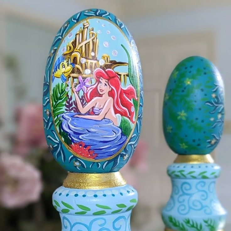 Close-up of the hand painted wooden Little Mermaid Easter Egg