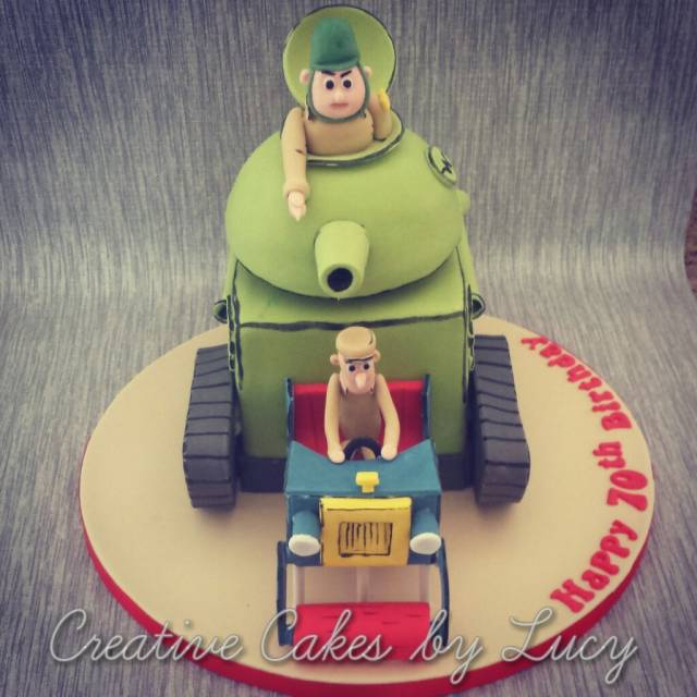 This cake recreates the Army Surplus Special car from the cartoon Wacky Races.
