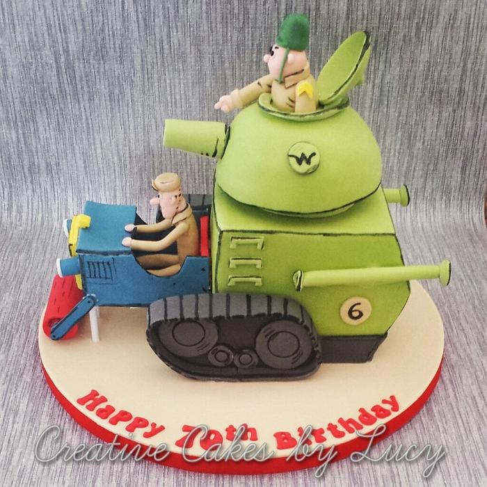 This cake recreates the Army Surplus Special car from the cartoon Wacky Races.
