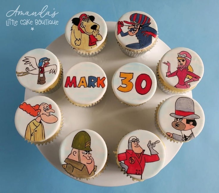 These hand painted Wacky Racers cupcakes feature eight of the characters from the cartoon.