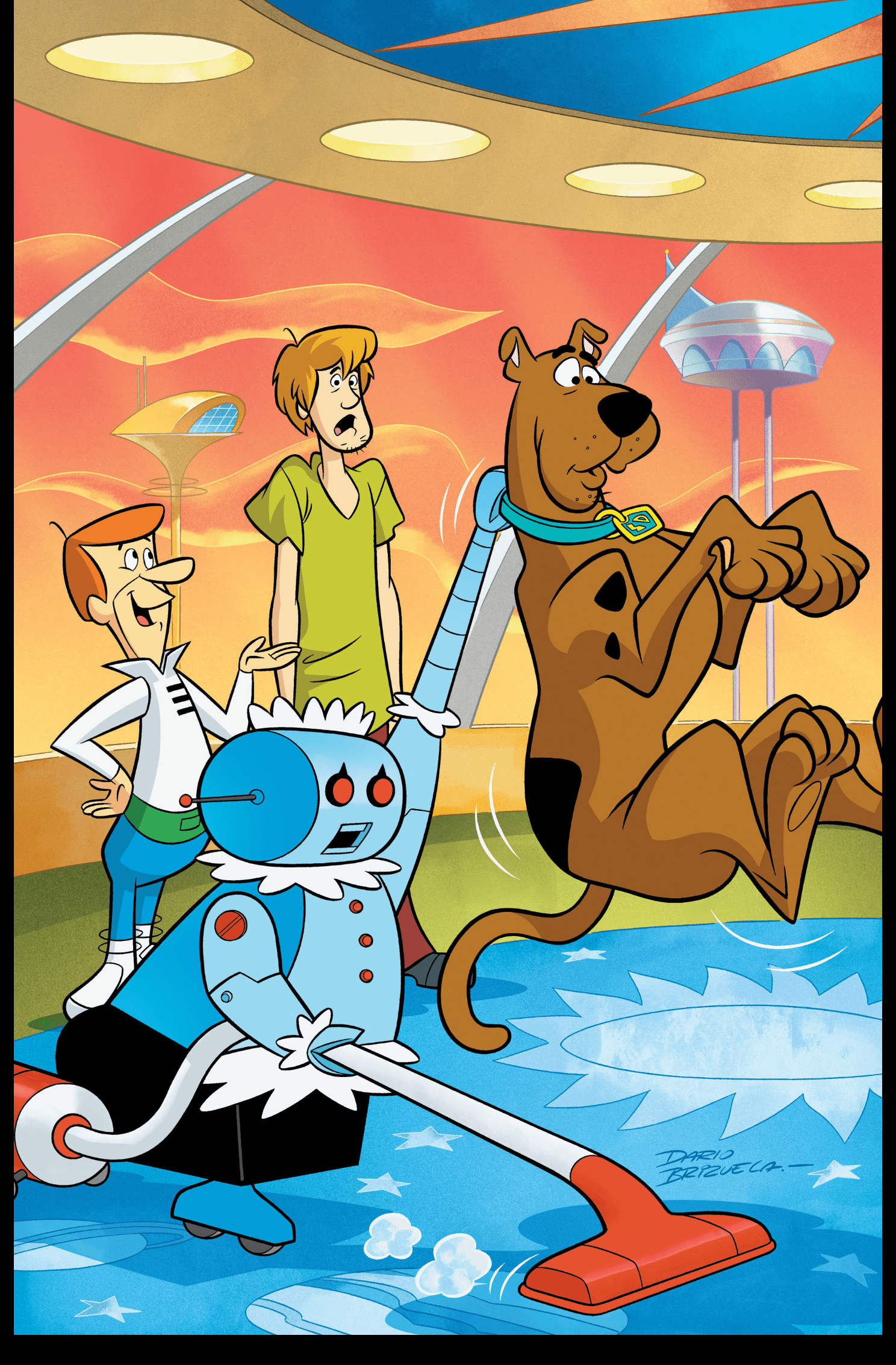 This is the cover to Scooby-Doo Team-Up 8. Rosey the robot is vacuuming the rug. Scooby-Doo is in sitting on the rug, so Rosey has picked him up by his collar. 