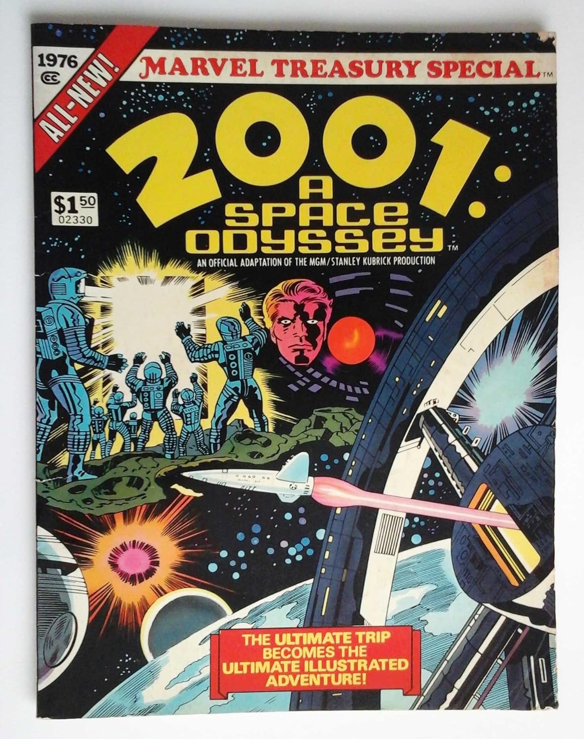 The cover to 2001: A Space Odyssey Treasury Edition shows a variety of images including a rocket flying out of a space station and astronauts before the monolith.