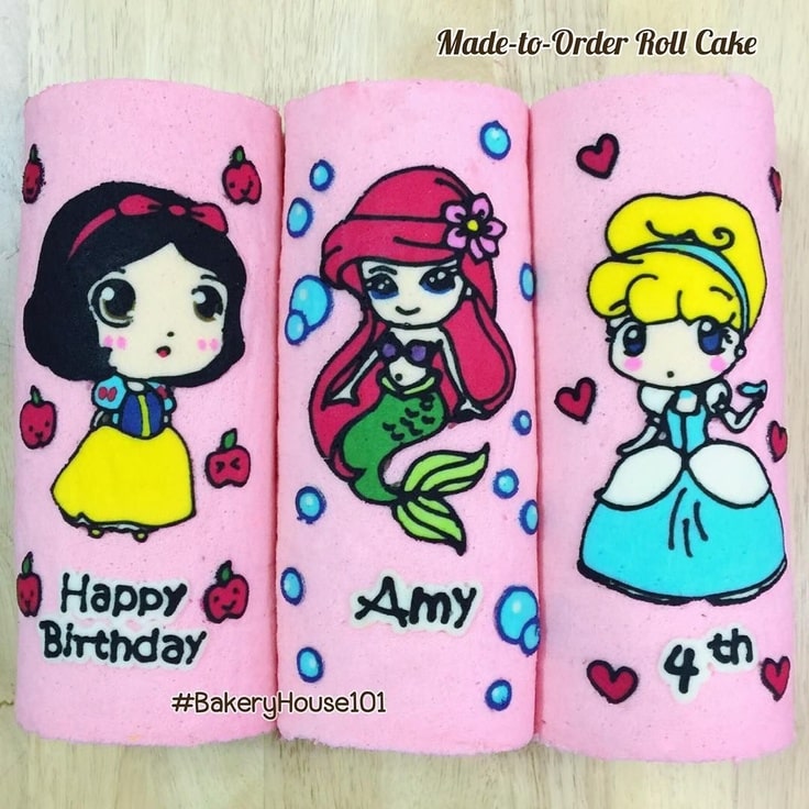 These swiss rolls feature Snow White, Ariel and Cinderella