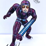 Machine Man is standing up and learning forward. His left arm is stretched so that it is reach towards you.
