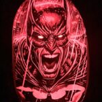 This amazingly intricate Batman Pumpkin Carving, shows the Dark Knight in the pouring rain. He is angry and screaming at the top of his lungs.