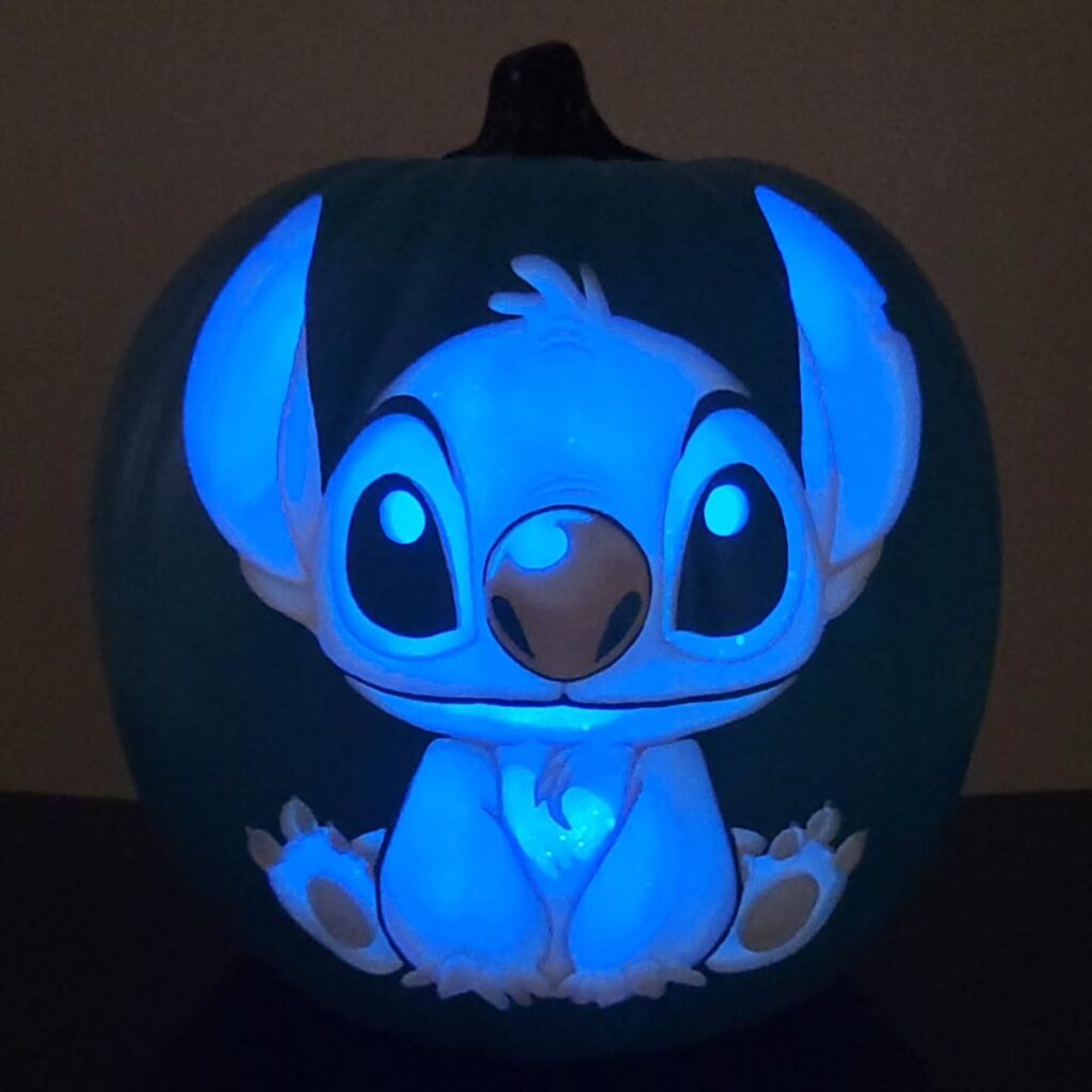 This is a Stitch Pumpkin Carving that glows Blue